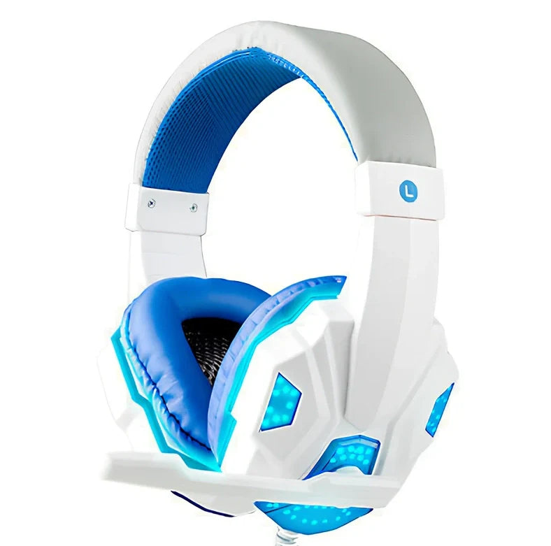 White 3.5mm gaming headset with red LED lights, head-mounted design and microphone for PC gaming