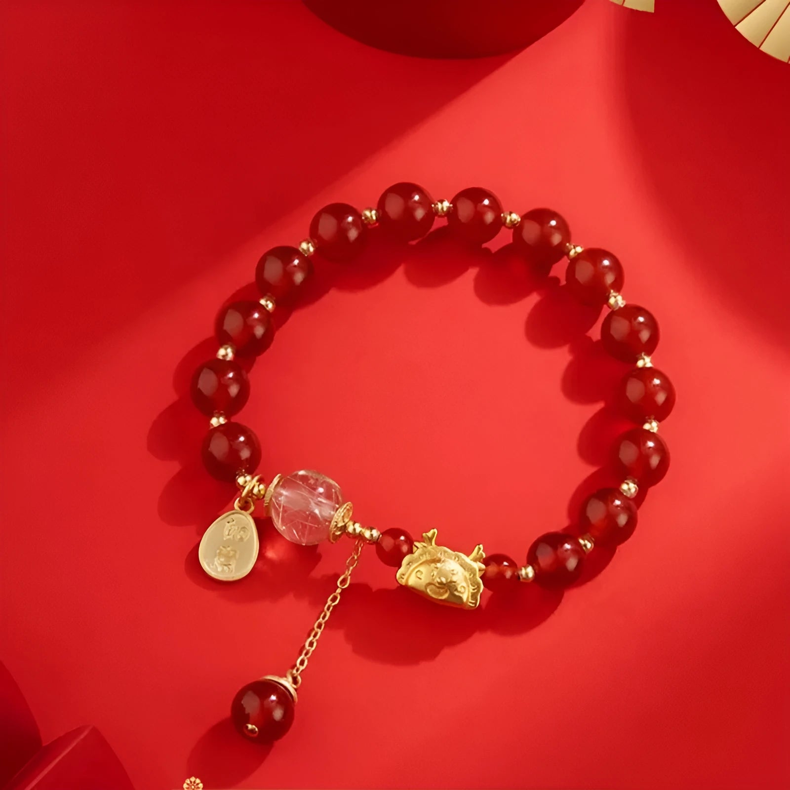 Hetian jade and red agate Chinese style bracelet with dragon zodiac design
