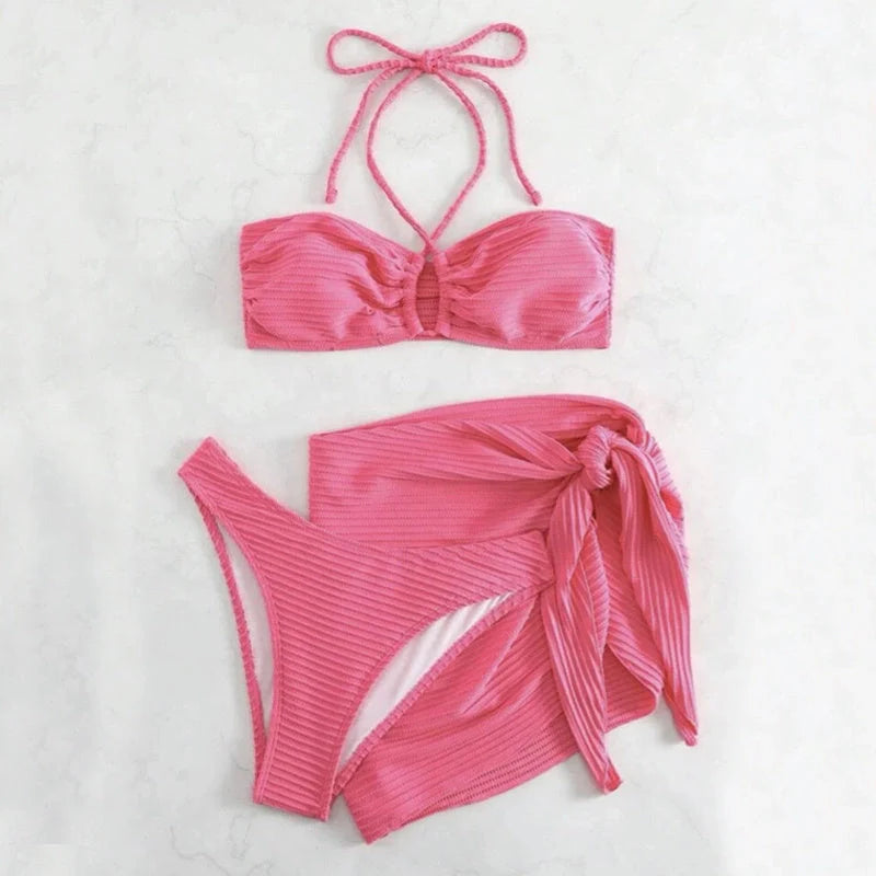 Women's 3-piece solid colour stripe swimsuit set in various colours