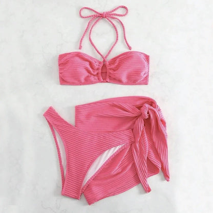 Women's 3-piece solid colour stripe swimsuit set in various colours