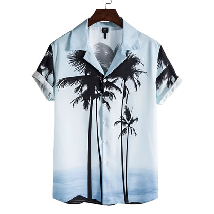 Men's loose floral print beach shirt with lapel collar and short sleeves in cotton main fabric