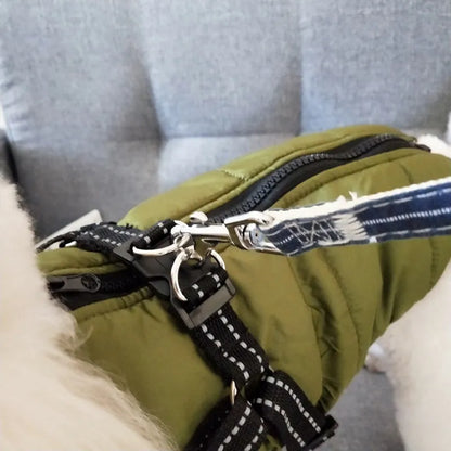 Red waterproof dog coat with built-in harness on a large dog, showing warm lining and sizing for winter.