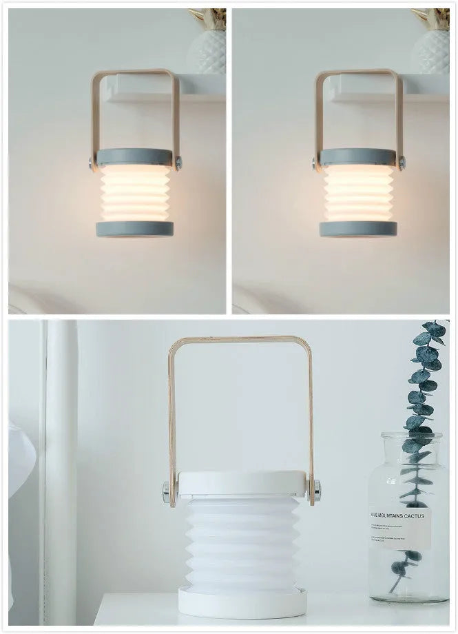 Foldable touch dimmable LED night light showing table lamp and lantern configurations