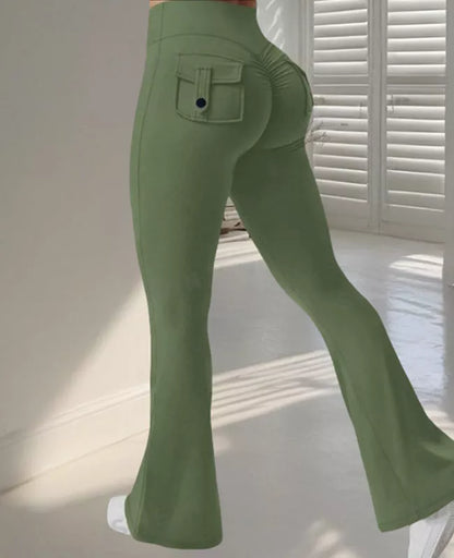 Women's high waist yoga flared pants with pockets and scrunch butt detail in black, brown, and green