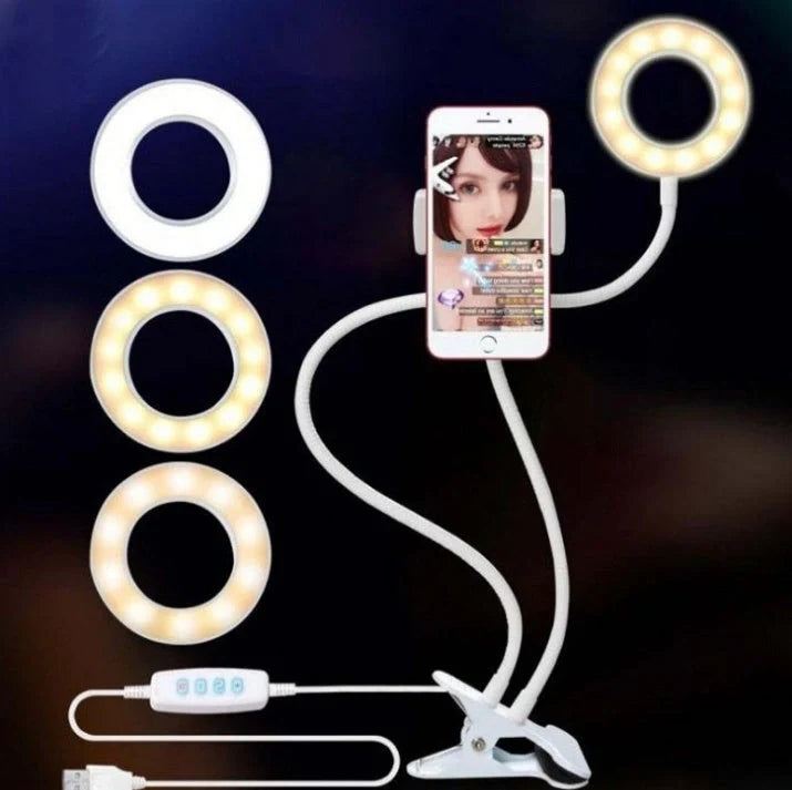 Adjustable LED Selfie Ring Light with universal phone holder and USB power
