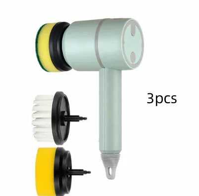 Green electric cleaning brush with multiple brush heads on a kitchen worktop.