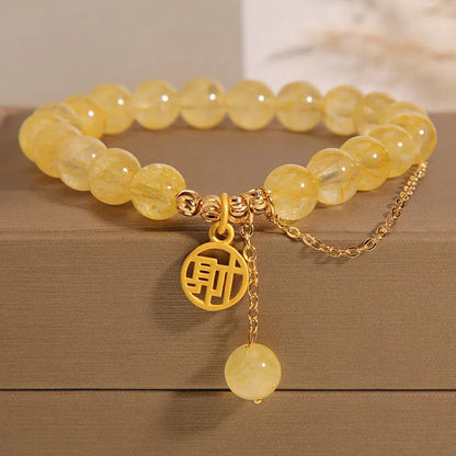 Natural stone citrine bracelet with Chinese character design and decorative tassel for women