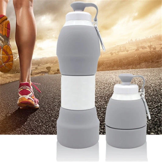 Collapsible silicone water bottle in various colours, perfect for travel and outdoor activities