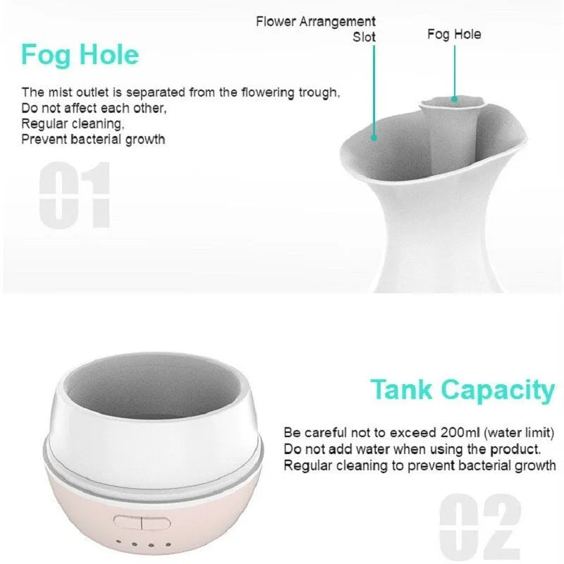 White or pink ultrasonic aromatherapy vase humidifier with night light and 200ml water tank