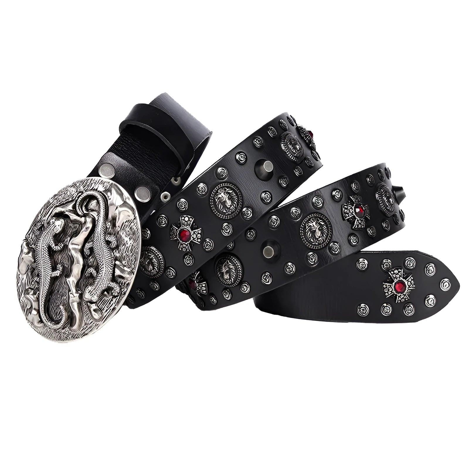 Men's punk style leather belt with metal rivet detailing on genuine leather strap with alloy buckle