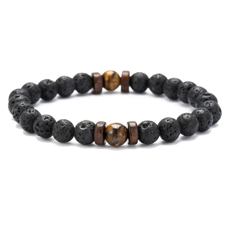 A stylish and durable men's bracelet made with volcanic stone, flash stone, and wood chips