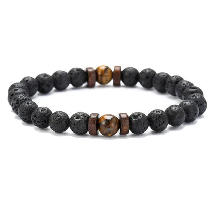 A stylish and durable men's bracelet made with volcanic stone, flash stone, and wood chips