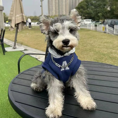 Blue and grey-white slim-fitting hooded sweater for dogs or cats with reflective lettering.