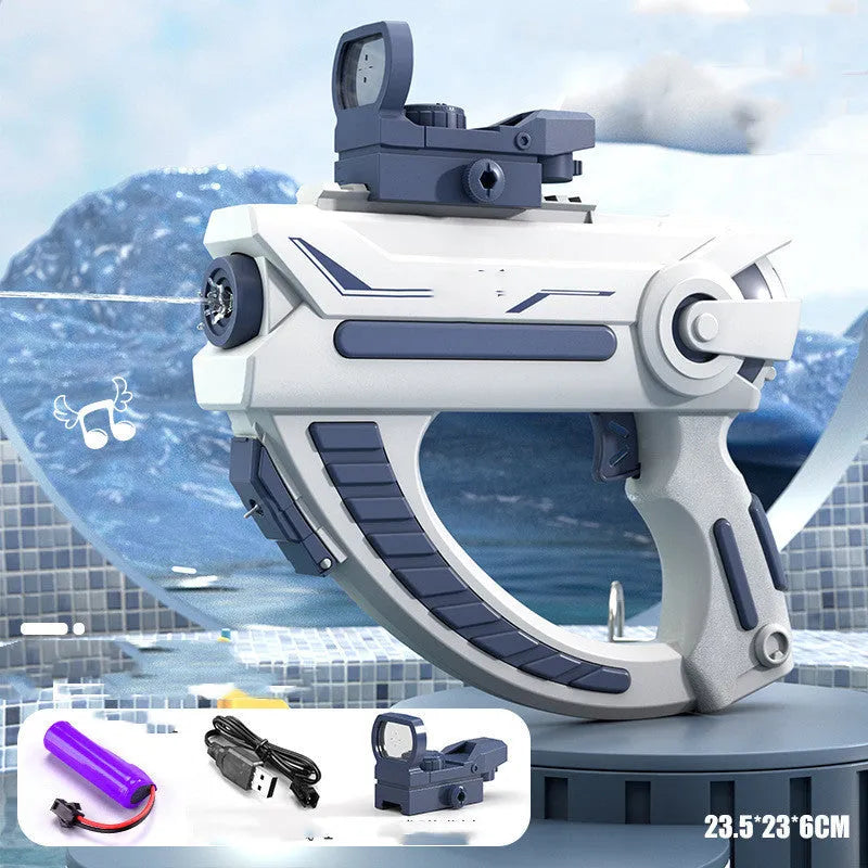 Blue electric water gun with anti-skid grip handle and USB charging port