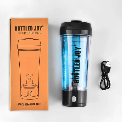 Black USB electric shaker bottle with measurement markings and automatic mixing technology