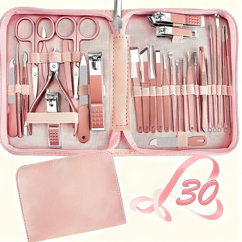 30-piece stainless steel nail beauty tool set showing five colour options with 260g weight