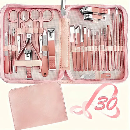 30-piece stainless steel nail beauty tool set showing five colour options with 260g weight