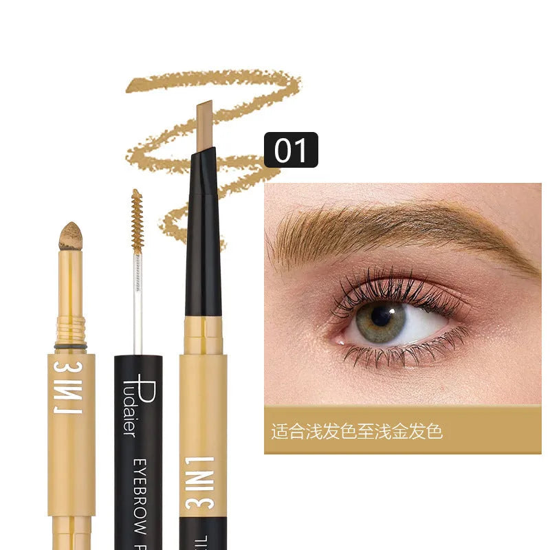 A double-headed waterproof eyebrow pencil with pencil and powder, shown in one of six colour styles.