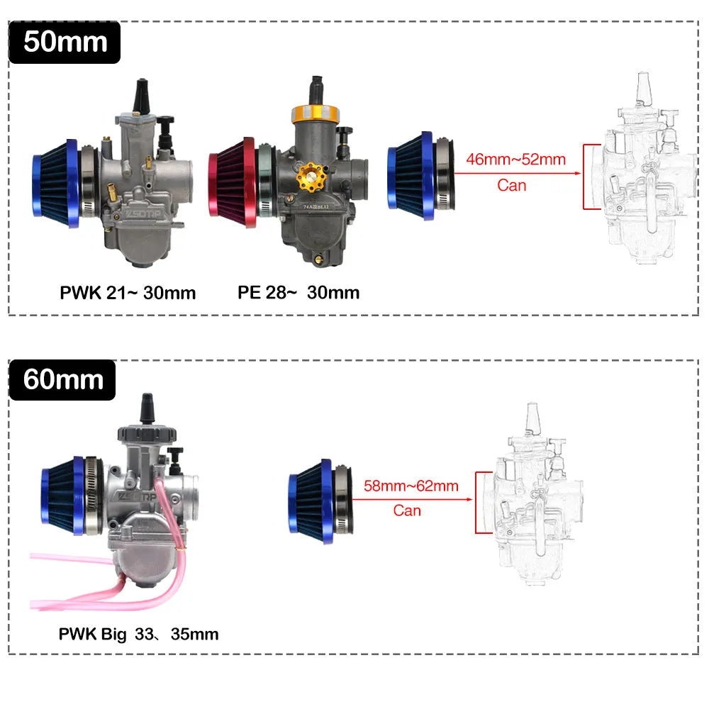 Universal motorcycle air filter E-DGT in 48mm, 55mm, and 60mm sizes, available in black, blue, and red