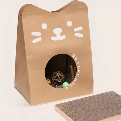 Brown washable kraft paper cat nest with integrated scratch board, dimensions 40x30x53cm.