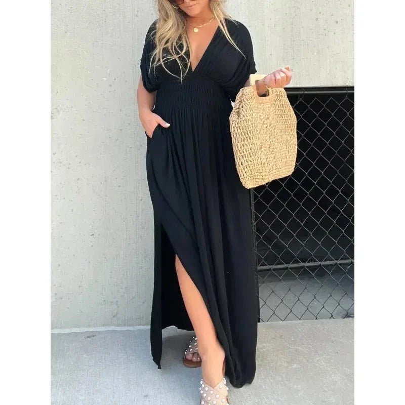 Elegant bat-sleeve v-neck slit dress in a variety of summer colors, featuring a flattering silhouette and comfortable polyester fabric