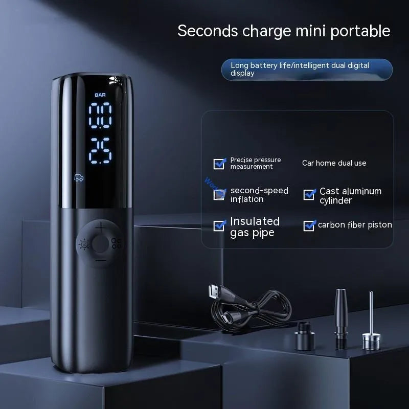 Black portable electric car air pump with pressure gauge and plug-in cord