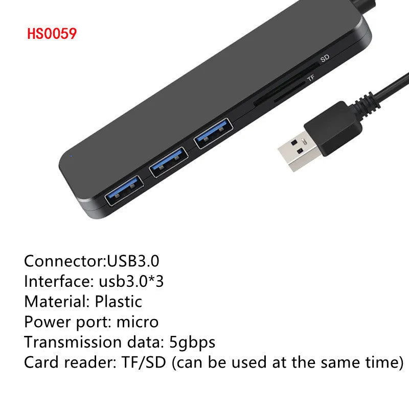 Black USB 3.0 hub with four ports, 30cm cable, and LED connection indicators
