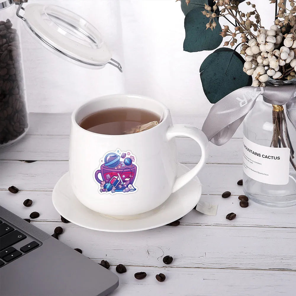 Colourful tea cup graffiti waterproof stickers in a 50-piece set for DIY personalisation of luggage and scooters