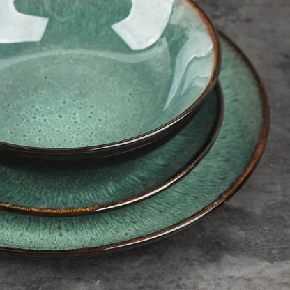 Retro European style porcelain bowls and plates set with round shape on dining table