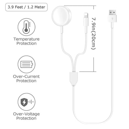 White two-in-one wireless watch charger with USB interface on desk