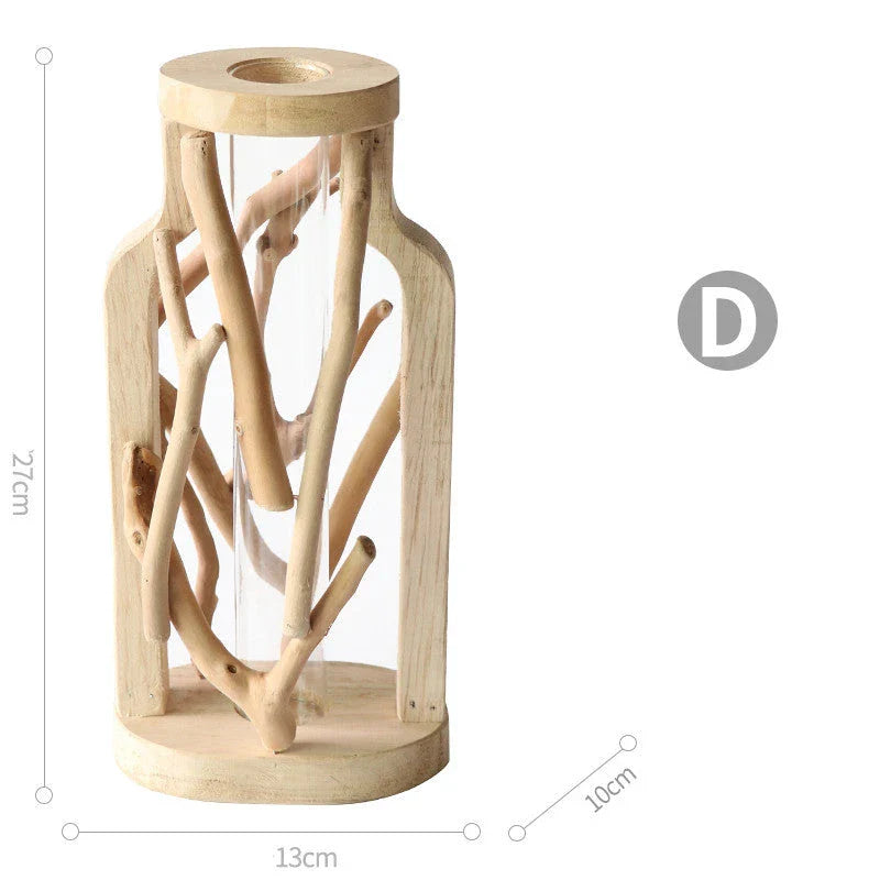 Handcrafted wooden vase with glass container for hydroponic floral displays and home decor