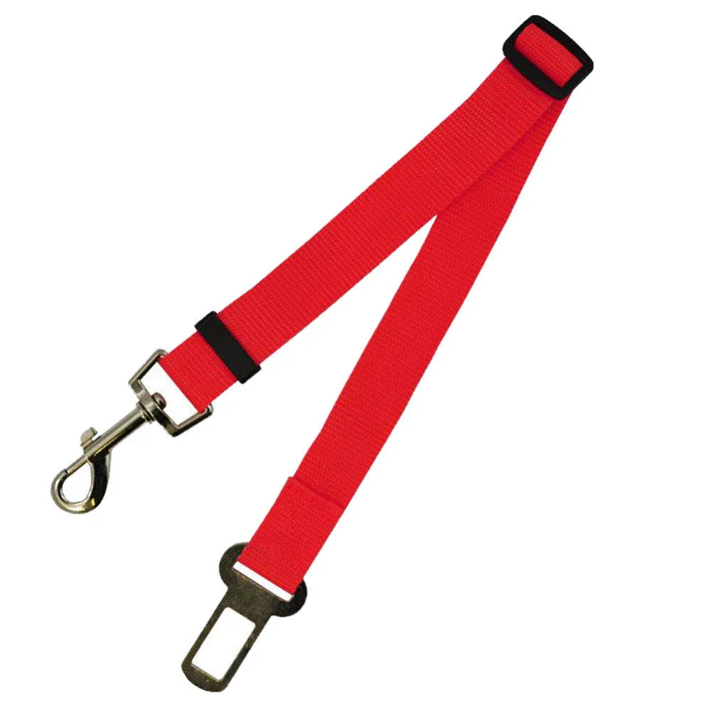 Adjustable dog seat belt with secure clip and buckle for attaching to pet harness and vehicle seatbelt