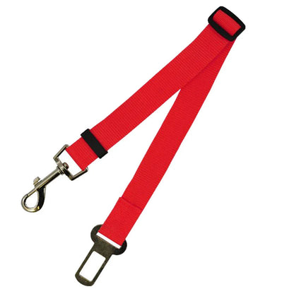 Adjustable dog seat belt with secure clip and buckle for attaching to pet harness and vehicle seatbelt