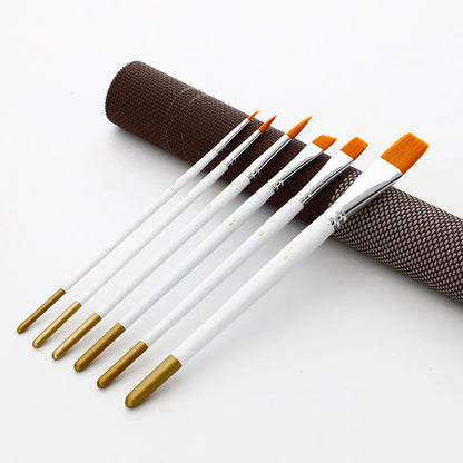 Set of six watercolour and acrylic paint brushes with wooden handles in assorted sizes from small 5/0 to larger #3/4