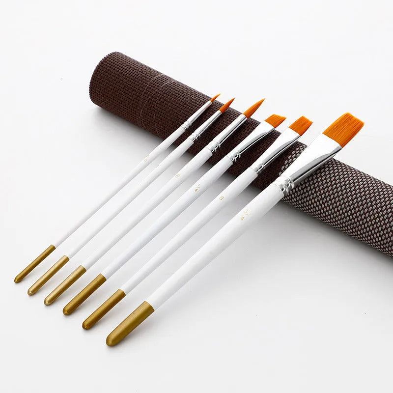 Watercolour acrylic brush set of 6 pieces in sizes 5/0, #2, #1/4, #6, #8, and #3/4 with wooden handles and aluminium ferrules for detailed painting and broad strokes in watercolour and acrylic techniques