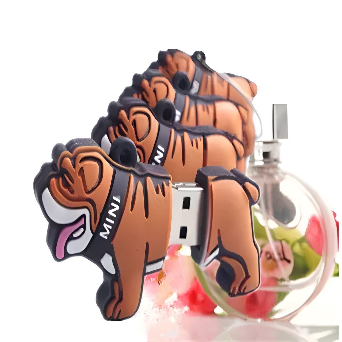 Silicone bulldog USB flash drive with custom logo printing, available in 2GB to 64GB capacities.