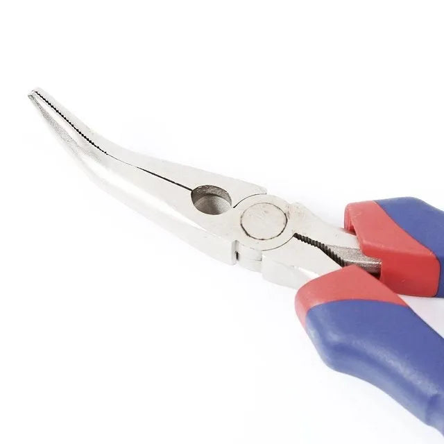 Blue double colour sleeve handle curved nose pliers with tapered jaws for precision work