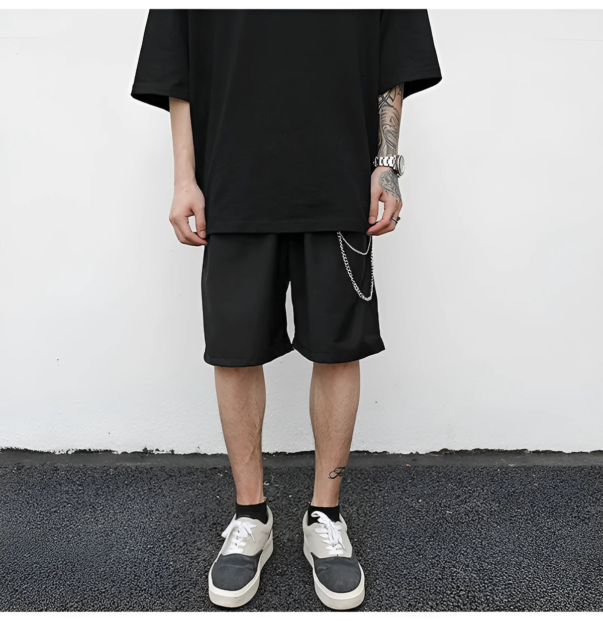 Black cotton trouser chain suit shorts with chain detail, available in sizes S M L XL