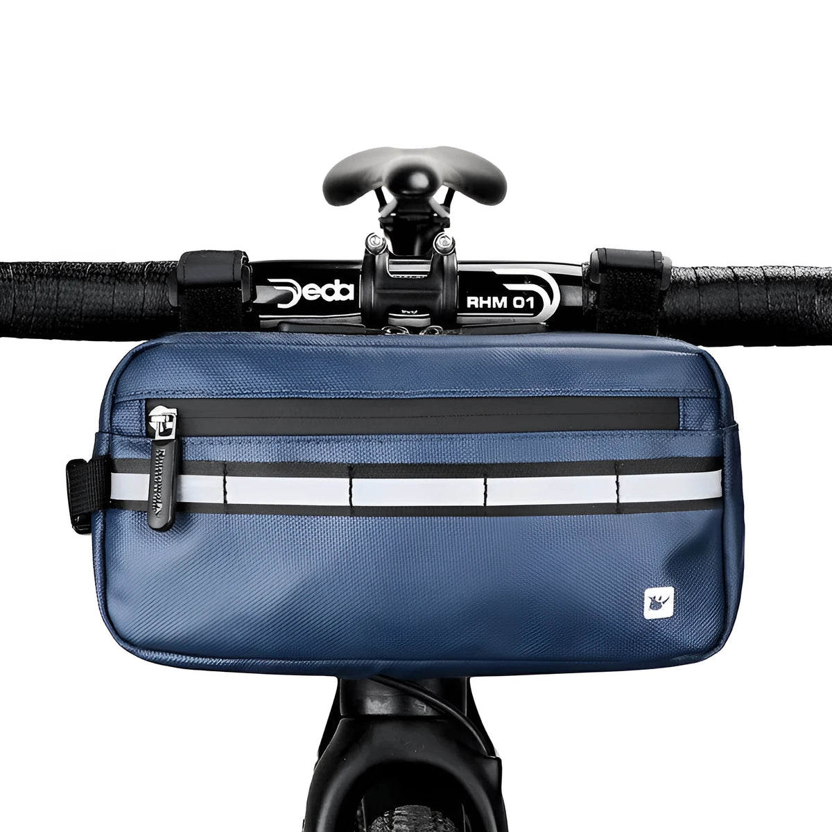 Multifunctional bicycle front handlebar bag in black, grey or blue, 1680D polyester, 3L capacity, 25cm x 8.5cm x 13cm.