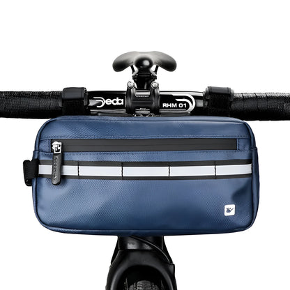 Multifunctional bicycle front handlebar bag in black, grey or blue, 1680D polyester, 3L capacity, 25cm x 8.5cm x 13cm.
