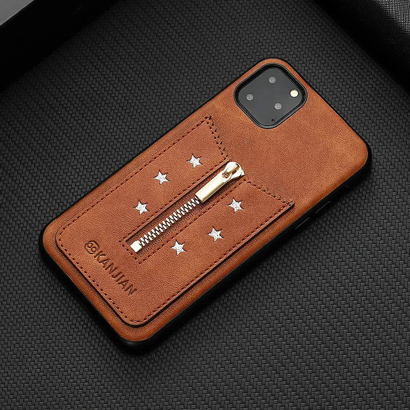 Black PU leather zipper phone case for iPhone, shown with the zipper open.