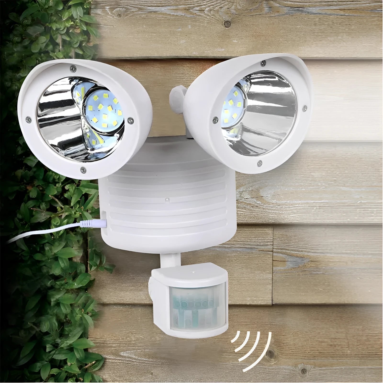 Black and white double head solar security spotlight with motion sensor for outdoor installation