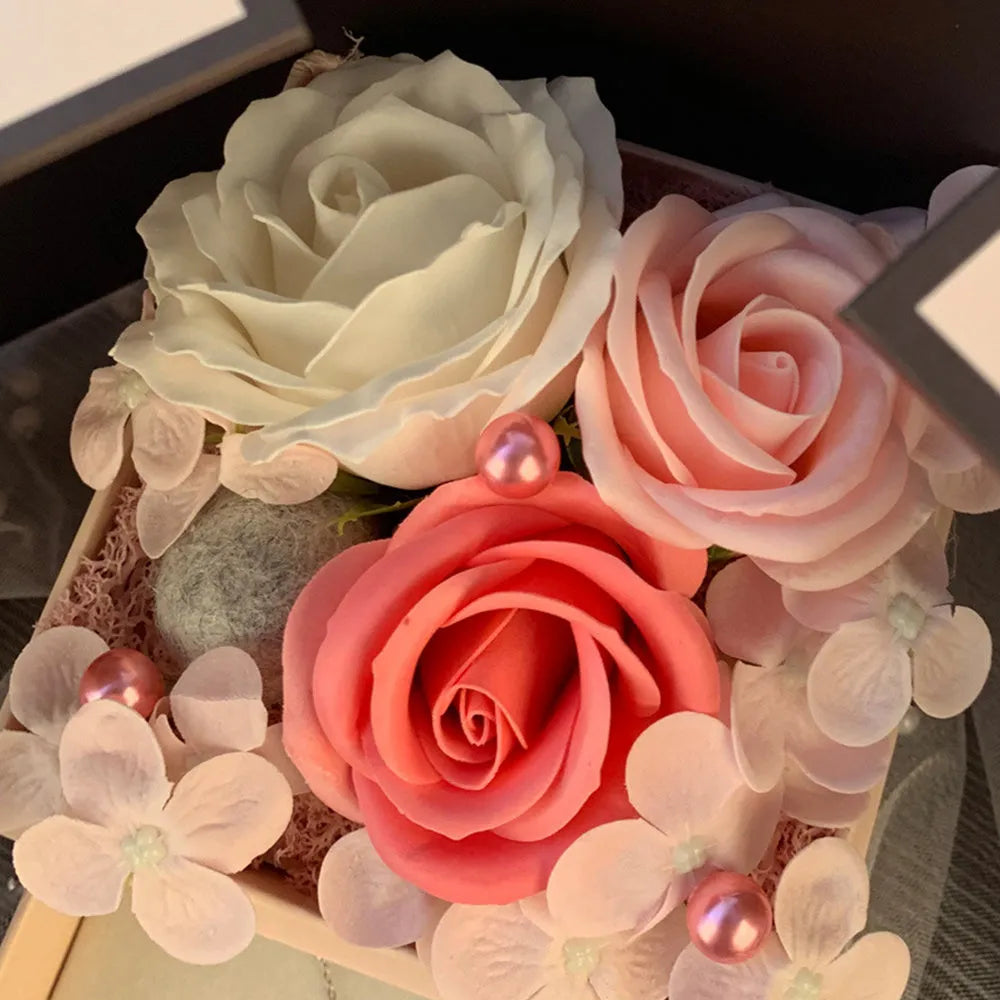 Handmade pink rose soap flower decorative lamp inside a gift box