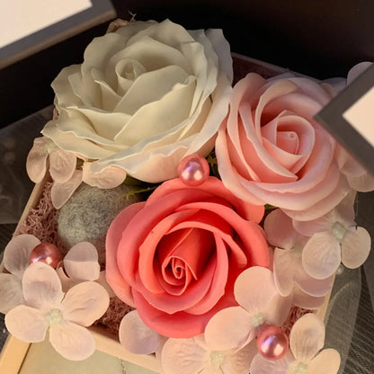 Handmade pink rose soap flower decorative lamp inside a gift box