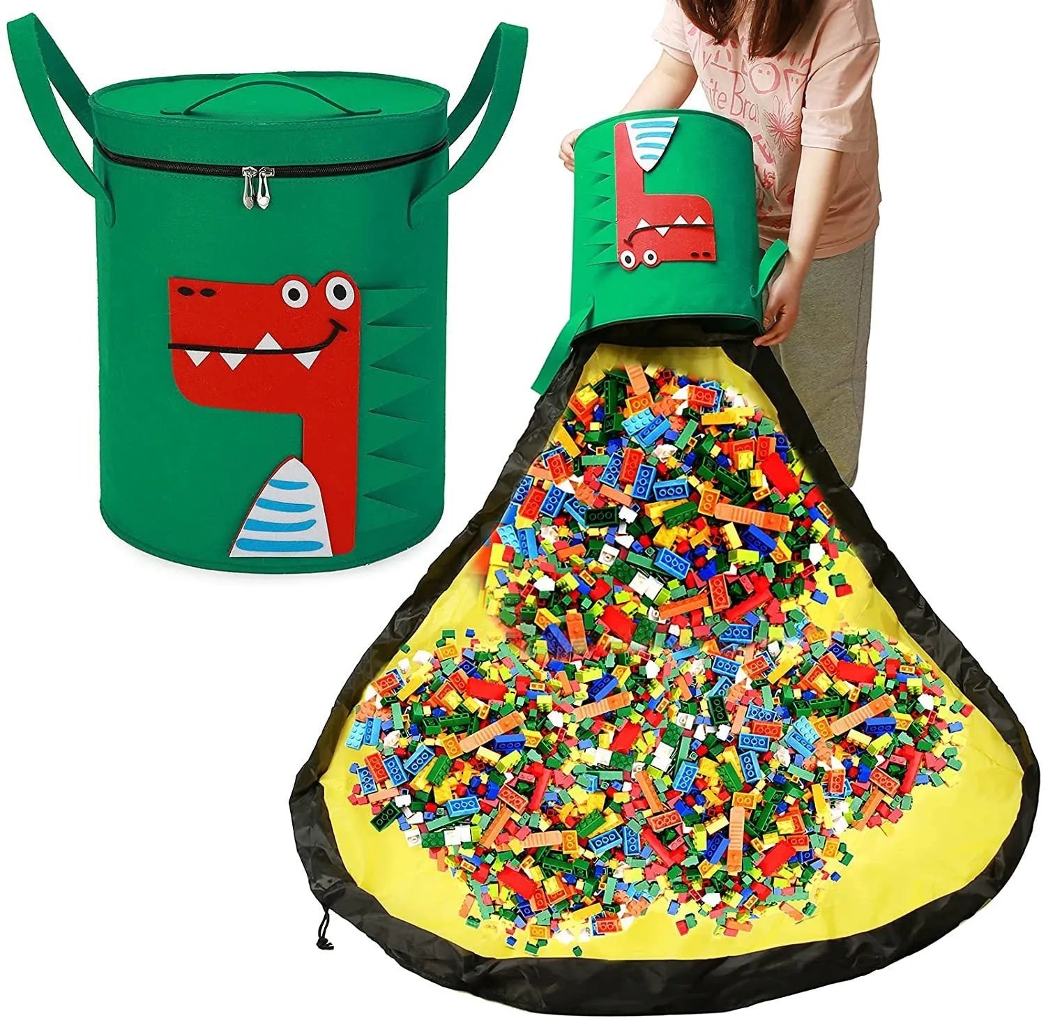 Green felt storage cube with pull rope unfolded flat to show 35cm square waterproof play mat