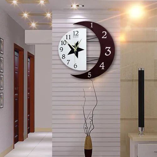 Round wall clock with pointer and number display showing 24-hour indication on wooden MDF shell