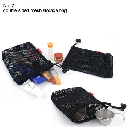 Red five-piece outdoor travel storage bag set with zipper closures and mesh sections
