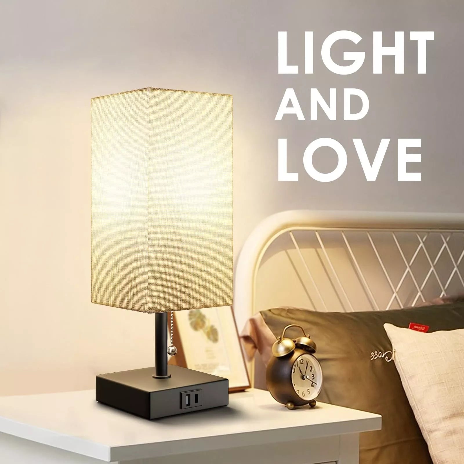 Bedside table lamp with adjustable brightness and USB ports in various colours