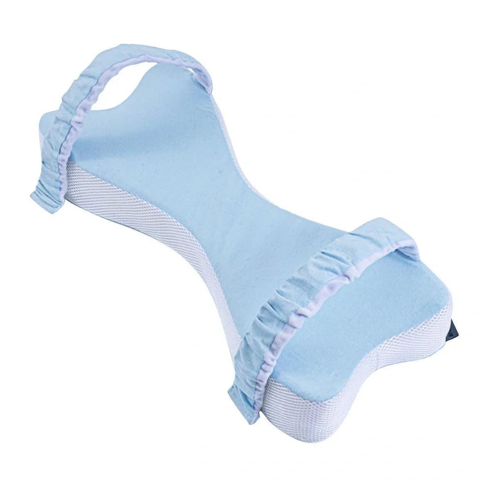 Light blue memory cotton knee pillow measuring 70×37×9cm with adjustable 5-10cm height for side sleeping support