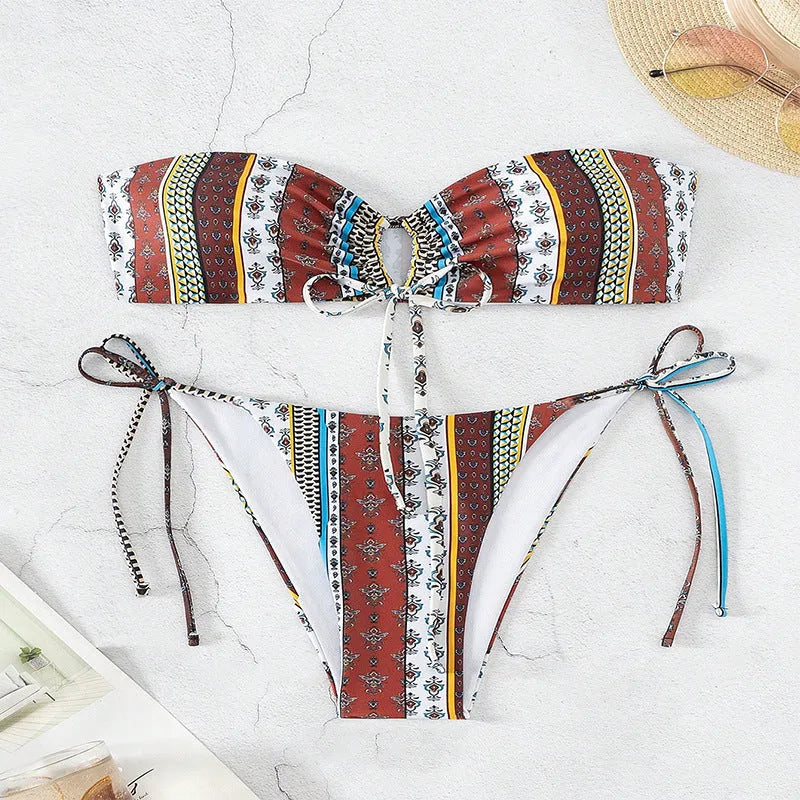 Women's mixed colour printed lace-up swimsuit with bra and pants set